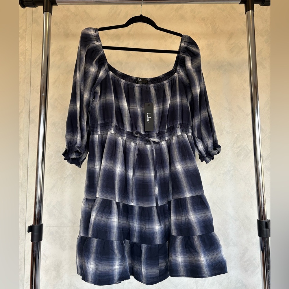 Lulu's Navy Plaid Tiered Half Sleeve Mini Dress